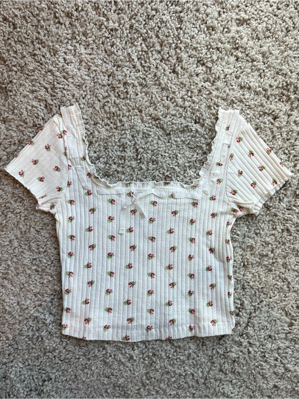 Laura Ashley Urban Outfitters White Ribbed Floral Square Neck Crop Top